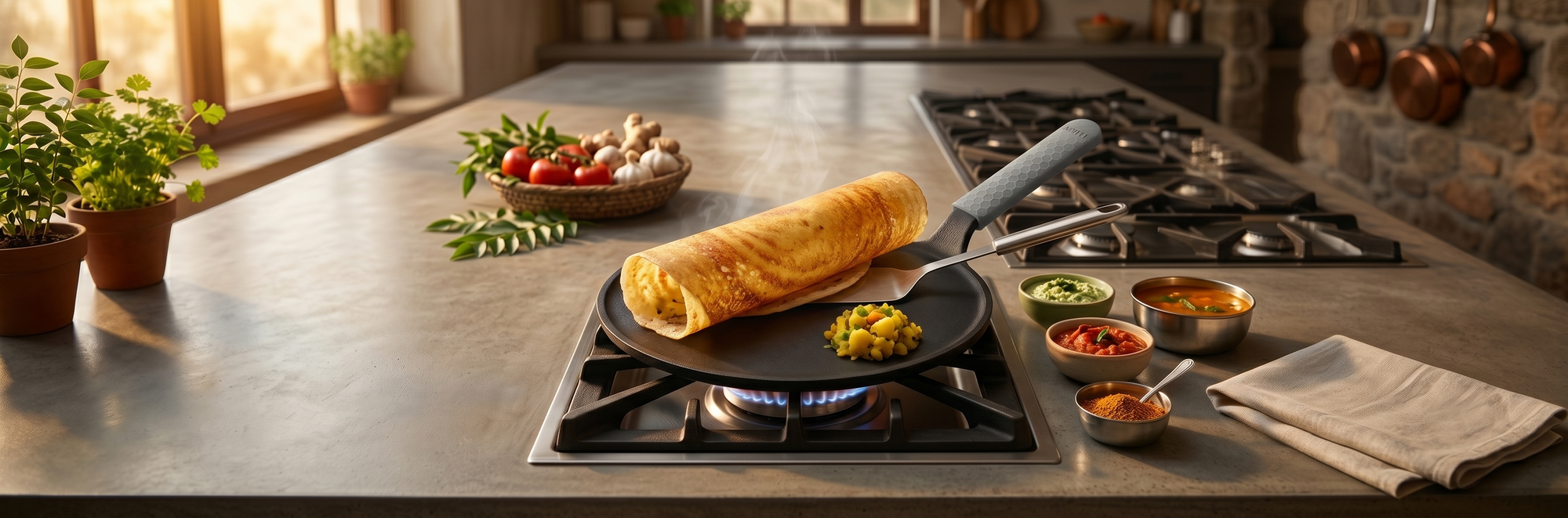 Aditi Kitchenware 11-inch Cast Iron Dosa Tawa with Long Handle | Pre-Seasoned | Induction & Gas Compatible