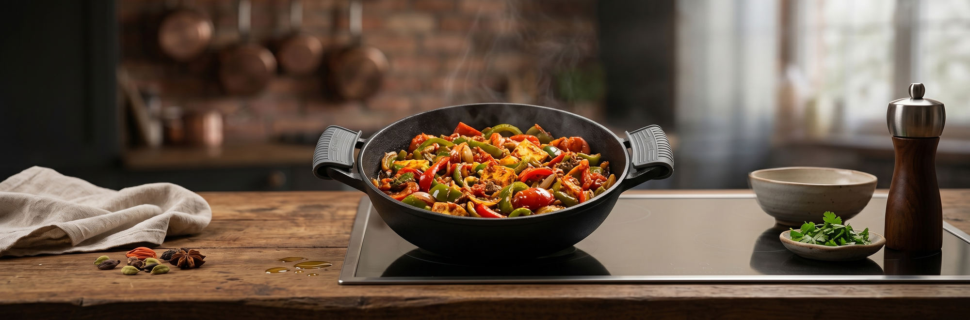 Aditi Kitchenware 8-inch Cast Iron Kadhai | Naturally Non-Stick & Toxin-Free Cookware | Gas & Induction Compatible